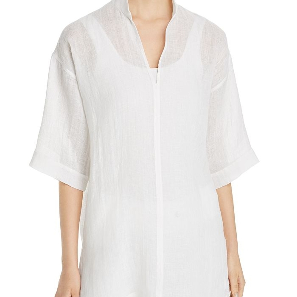 Eileen Fisher Organic 100% Linen White Tunic Top Coastal Beachy SZ L/XL Like New